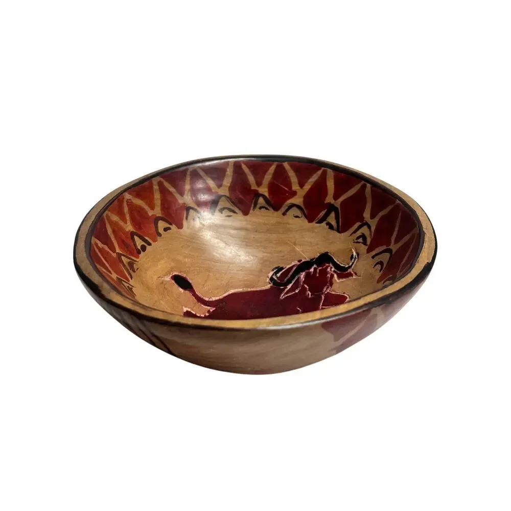 VTG Hand Carved Wooden Bowl‎ Charging Bull Folk Art Rustic Western Ranch Decor